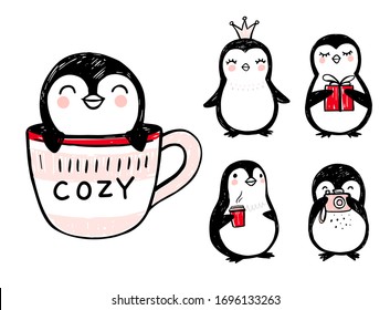 Doodle penguins, hand drawn set of funny animals. Vector Penguin character with camera, gift box, coffee, princess crown in sketch style. Hipster stickers. Cute illustrations.