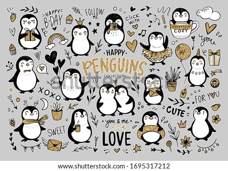Doodle penguins, hand drawn set of funny animals. Golden glitter Vector Penguin character with balloon, camera, coffee, scarf, princess, unicorn in sketch style. Cute illustrations.