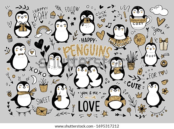 落書き風ペンギン 手描きのおかしな動物のセット 風船 カメラ コーヒー スカーフ プリンセス ユニコーンを持つ金色の輝くベクターペンギンのキャラクター かわいいイラスト のベクター画像素材 ロイヤリティフリー