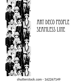 Doodle people in art deco style seamless line background.