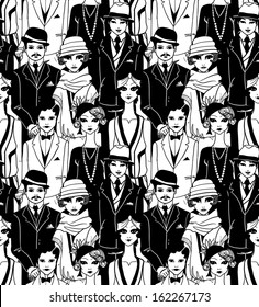 Doodle People In Art Deco Style Seamless Pattern. 