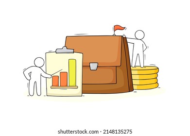 Doodle People With Briefcase, Money And Graph. Business Success, Investment Portfolio Growth, Revenue Increase Concept. Vector Hand Drawn Illustration Of Management Team, Coins, Bag And Diagram