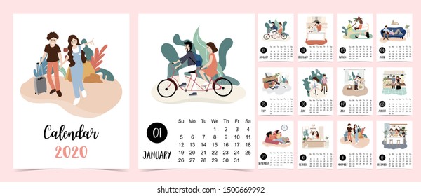 Doodle people calendar set 2020 with travel,bicycle,sea,activity for children.Can be used for printable graphic.Editable element