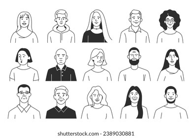 Doodle people. Cartoon human characters with different emotions and gestures, group of hand drawn multicultural people. Vector set. Various man and woman appearance isolated profiles