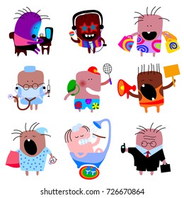 Doodle people cartoon icon set in the form of comic human characters in various life occupations and emotions in flat style on white. Vector illustration 