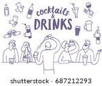 Doodle people drinking at the bar. Including set of  hands with drinks and bottles. Hand drawn brush vector cartoon illustration for your design.