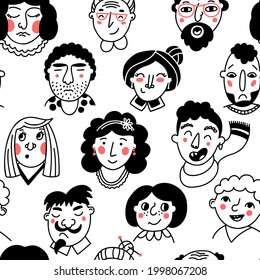 La gente de Doodle se enfrenta a la ilustración. Patrón de vectores sin fisuras con personas diversas repetidas