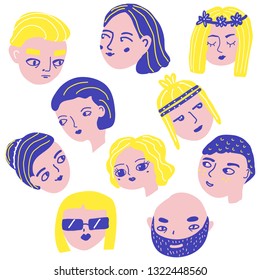 Doodle people faces. Man and woman avatars. Funny male and female heads in quirky style. Lifestyle stickers, icons