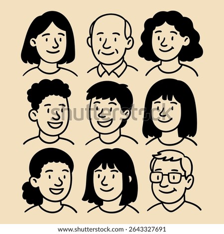 Doodle people faces set in hand drawn style. Collection of avatar icons. Smiling men and women. Black line vector illustration isolated on transparent background. 
