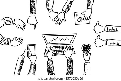 doodle people hands sketch. Business meeting concept. view on top. vector illustration