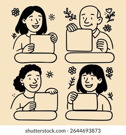 Doodle people holding blank cards collection. Hand drawn characters for testimonial and review templates. Isolated on transparent background. Stock vector illustration in hand drawn style.
