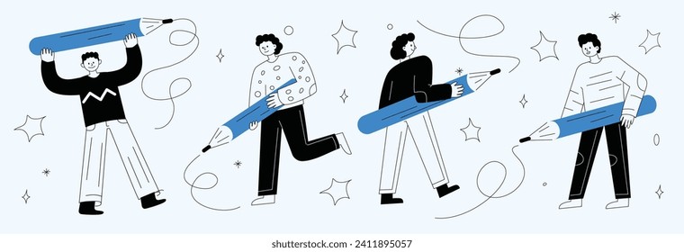 Doodle people with huge pencils. Creators, artists, writers, journalists, content creators in a hand-drawn style.