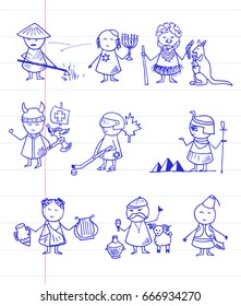 Doodle people icons on notebook page. People in national clothes. Vector hand drawn set. 