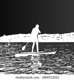 Doodle people on sup isolated on white. Sport vector stock illustration. EPS 10