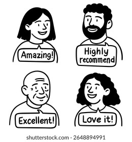 Doodle people with review quotes. Hand drawn testimonial set for banners and social media. Isolated on transparent background. Stock vector illustration in hand drawn style.
