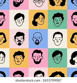 Doodle personas sin patrón. Personajes humanos dibujados a mano, avatares de colores repetidos, retratos divertidos de compañeros de trabajo. Textil, papel de regalo, Fondo de pantalla. Imprimir para fondo de Vector brillante de tela