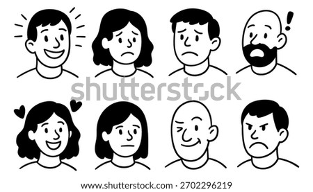 Doodle people set with different emotions. Hand drawn characters for marketing, communication, testimonial and UX UI templates. Isolated on transparent background. 
