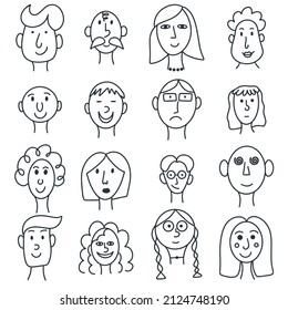 Gente de garabatos establece vector. Colección de rostros dibujados a mano de hombres y mujeres. Ilustración aislada de caracteres humanos
