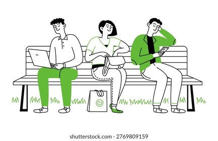 Doodle people sitting on a bench. Men and a woman. Using a smartphone and laptop. Vector linear illustration