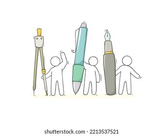 Doodle people standing with pen, compass divider and fountain pen. Stationery tools set, school and office stuff for write and draw, vector hand drawn illustration