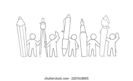 Doodle people standing with pen, pencil, paintbrush, compass divider and fountain pen. Stationery tools set, school and office stuff for write and draw, vector hand drawn illustration