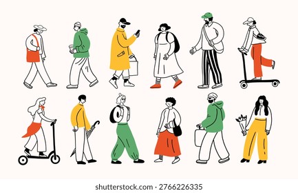 Doodle people walking. Funny simple contour style illustration, different characters, line illustration. Men, women and teenagers on a walk, riding a scooter. Print, sketch, scribble modern urban art.