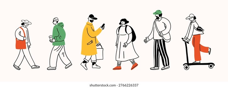 Doodle people walking. Simple funny contour style illustration, different characters, line illustration. Men, women on a walk, riding a scooter. Print, sketch, scribble modern urban art. Citizens.