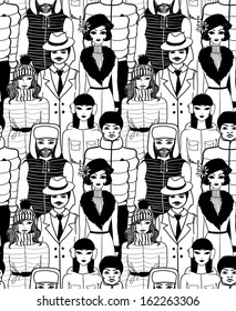 Doodle people in winter clothes seamless pattern.