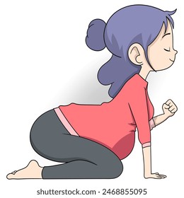 doodle of people's activities to maintain health, a pregnant woman is doing yoga exercises on the floor towards the birth of her child