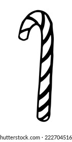 Doodle of peppermint candy cane. Outline drawing of Christmas lollipop. Hand drawn vector illustration. Single clipart isolated on white.