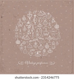 Doodle perfume bottles in circle on brown parcel paper background. Vector sketch illustration.