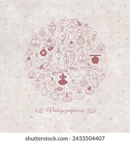 Doodle perfume bottles in circle on vintage background. Vector sketch illustration.