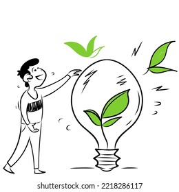 doodle person holding bulb with plant inside hand drawn style