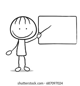 Doodle person point at a white board, stickman or stick vector illustration