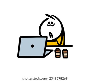 Doodle person, tired programmer sits at a desk and works on a computer online. Vector illustration of stick figure boy and coffee cups. Funny character isolated on white background.