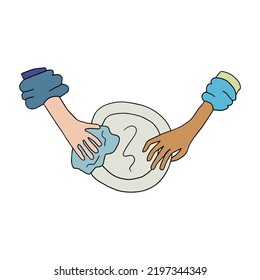 La mano de una persona garabato lava un plato y se lo da a otra persona aislada de fondo blanco. El concepto de restaurante.