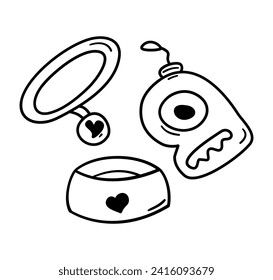 Doodle pet accessories, food bowl, leash, collar. Hand drawn set for vet shop, dog training and caring. Vector illustration