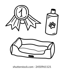 Doodle pet accessories set. Hand drawn elements for dog, pet, puppy care. Vector icons