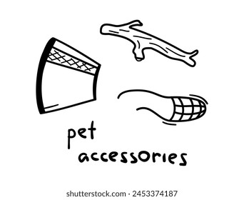 Accesorios para mascotas. Palo, bozal y cuello protector. Elementos dibujados a mano para perro, mascota, cachorro. Iconos vectoriales