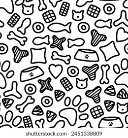 doodle pet food seamless pattern. vector doodle of pet food seamless pattern background. packaging pattern of pets food. kitten food pattern background.