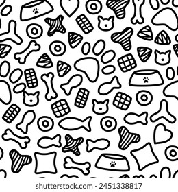 doodle pet food seamless pattern. vector doodle of pet food seamless pattern background. packaging pattern of pets food. kitten food pattern background.