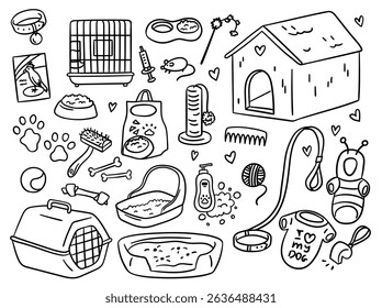 Doodle Pet Supplies Care for Cat, Bird and Dog Elements Hand Drawn Set Veterinary Shop Concept. Vector illustration