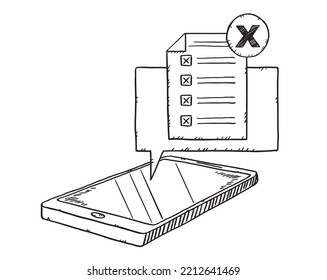 Doodle of phone with checklist and wrong check marks. Sketch style vector illustration.