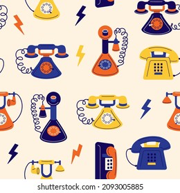 Doodle phones pattern. Seamless print with vintage telephones with spiral cords, number pad dials and headsets. Vector texture of retro phones