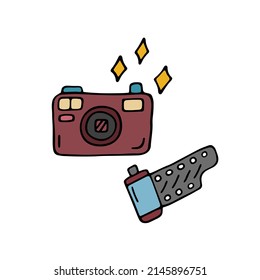 Doodle photo camera and film roll isolated. 90s nostalgia. Vector colored doodle illustration of retro camera from 1990s and 80s. Trendy vintage design photographic elements on white background. 