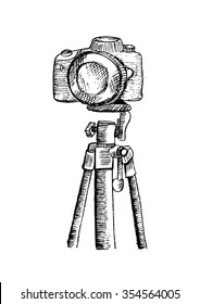 Doodle photo camera on tripod , Hand drawing Illustration.