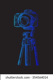 Doodle photo camera on tripod , Hand drawing Illustration.