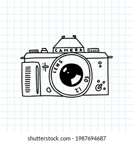 Doodle photo camera sketch. Vintage cartoon hand drawn lens, monochrome line icon. Vector illustration