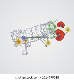 Doodle photo camera surrounded by various flowers