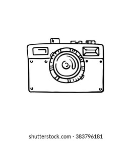 Doodle photo camera. Vector hand draw illustration. Sketch lines.